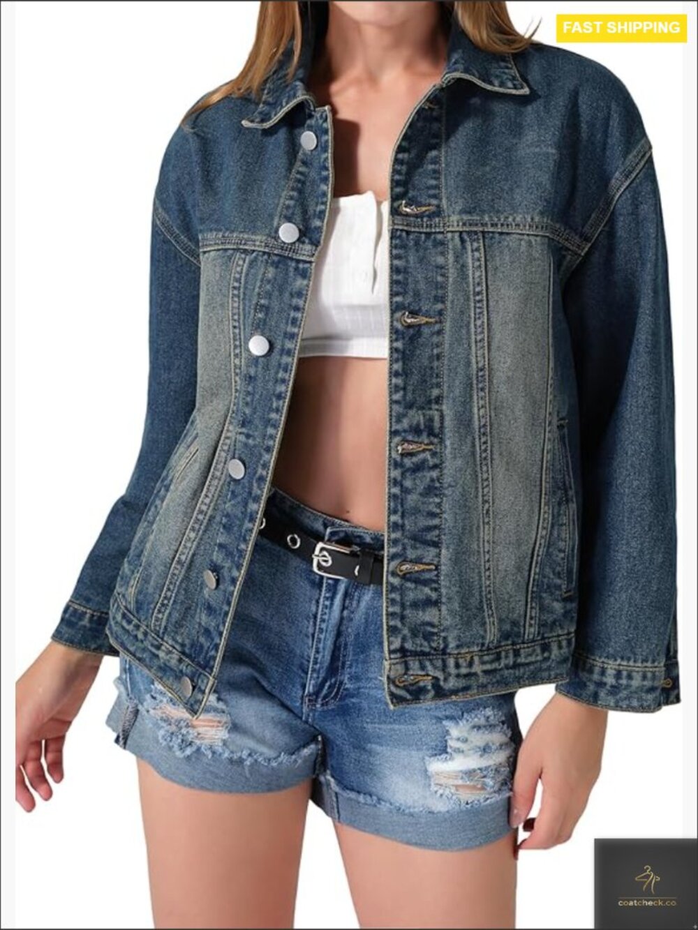 Oversized Denim Jacket Washed Trucker Style Button Front Long Sleeve Relaxed Fit